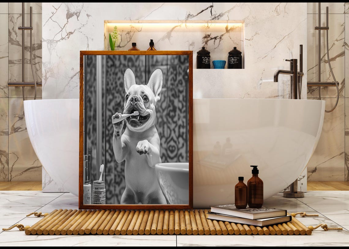 French Bulldog Brushing Teeth In Mirror Black And White Poster - Image 5