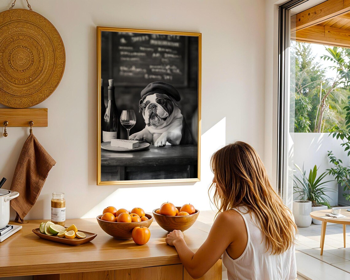 Bulldog Wine Bar With Beret French Pet Lover Humor Art Poster - Image 5