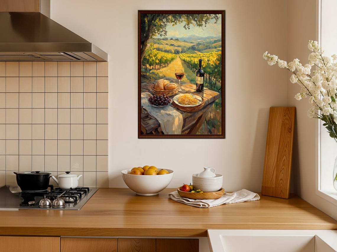 Tuscan Vineyard Picnic Still Life with Wine and Bread Poster - Image 3