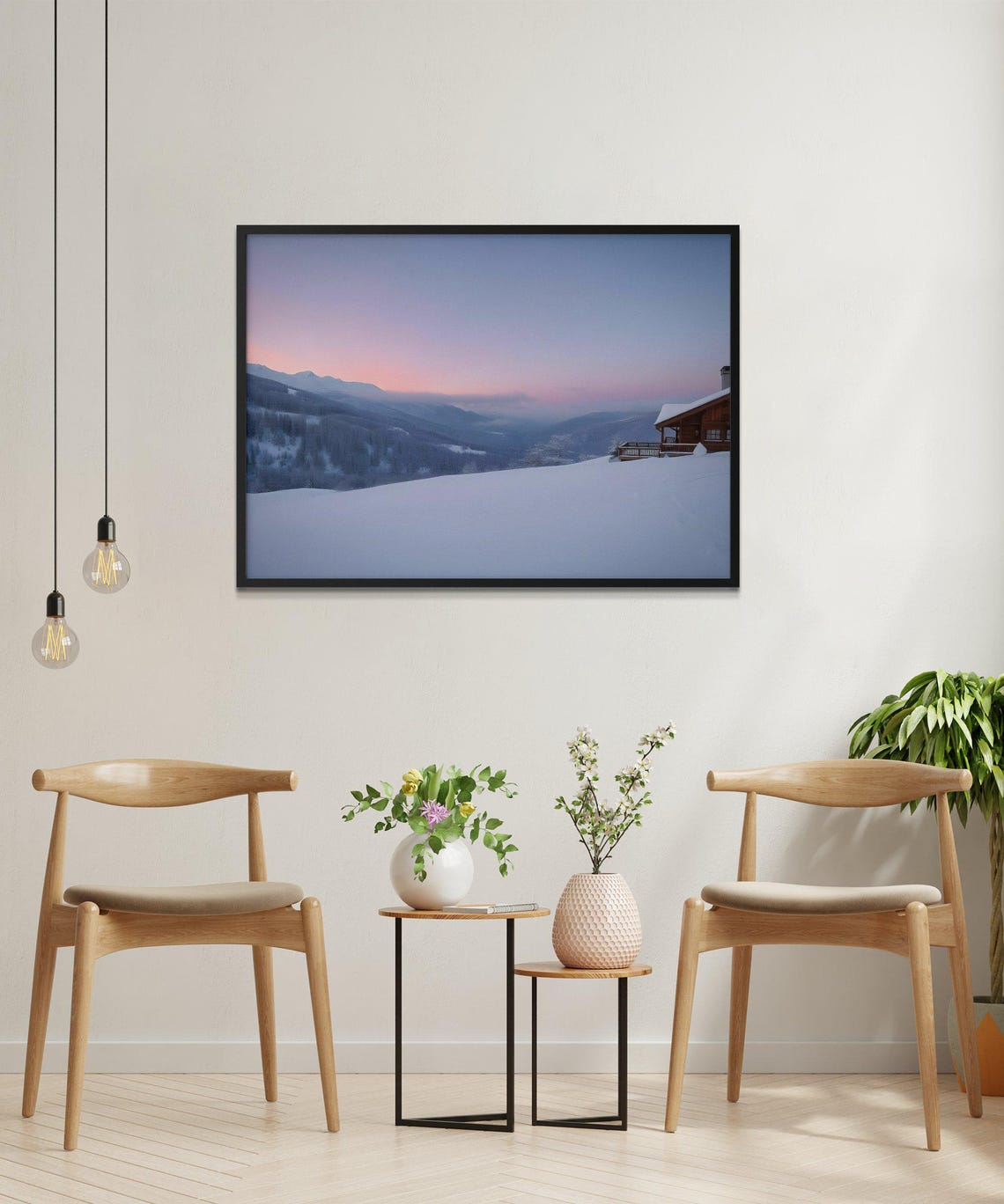 Cozy Snowy Mountain Cabin At Pink Sunset Winter Landscape Poster - Image 2
