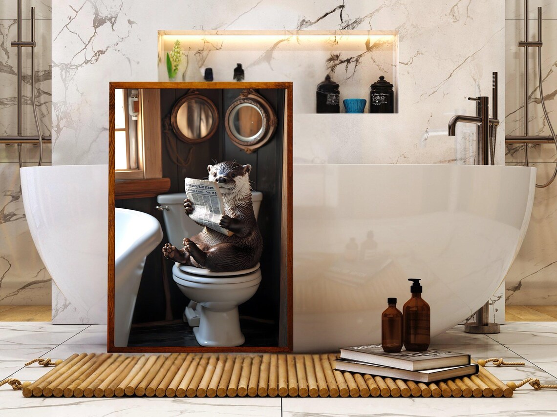 Otter Reading Newspaper On Toilet Funny Bathroom Animal Art Poster - Image 5