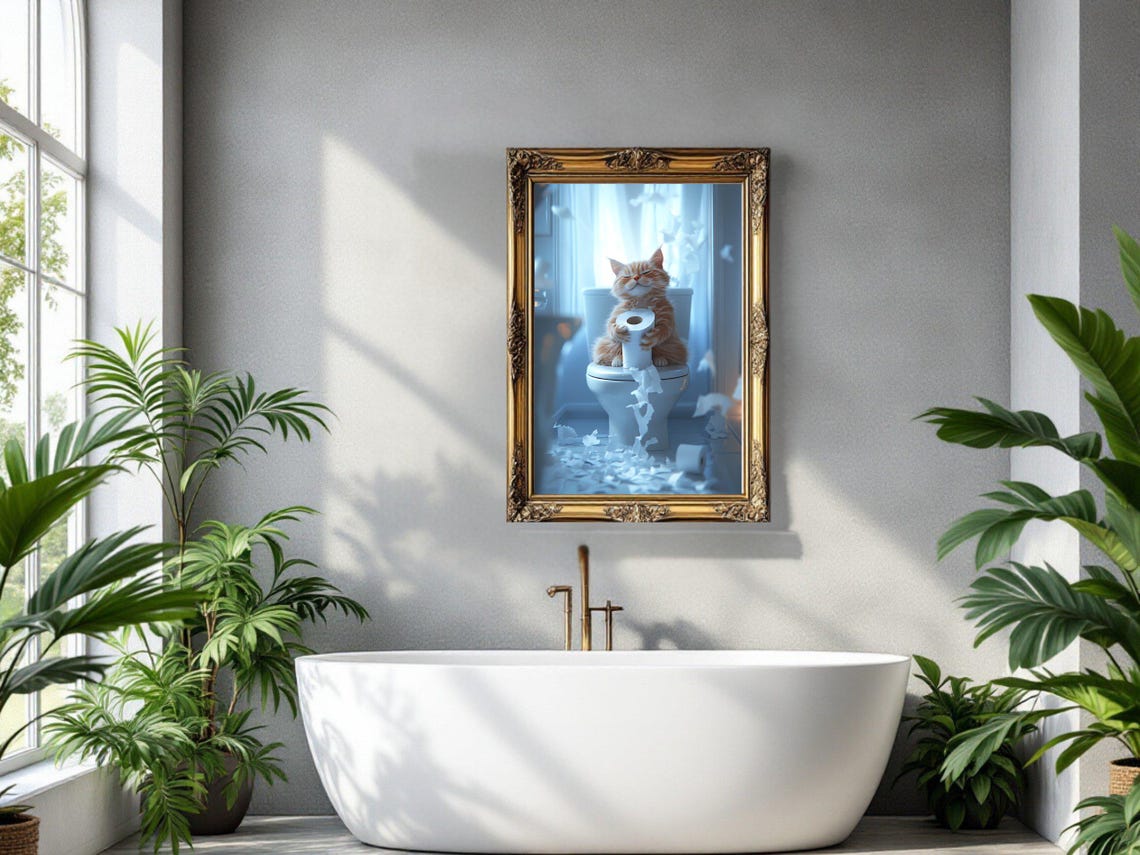 Playful Ginger Cat Shredding a Toilet Paper Roll Bathroom Poster - Image 3
