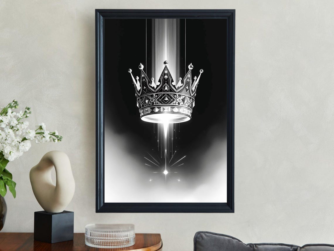 Regal Floating Crown Radiant Light Beam Black White Royal Poster