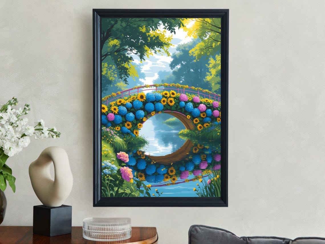 Stunning Floral Bridge Wall Art Print Colorful Nature Inspired Home Decor Vibrant Landscape Art Botanical Garden Art Poster
