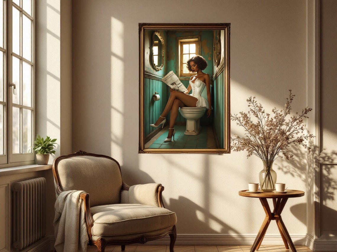 Woman in Corset Reading Newspaper in Quirky Green Bathroom Poster - Image 2