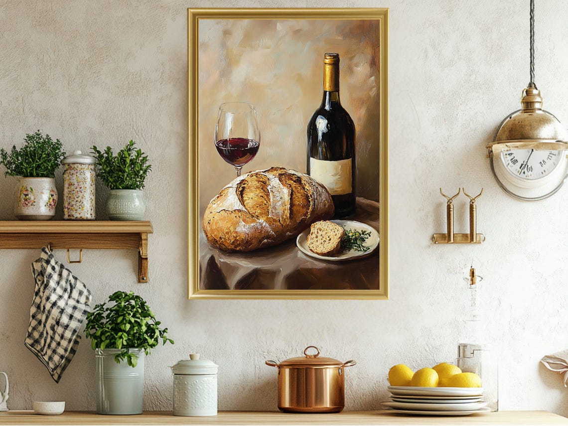Rustic Red Wine with Crusty Bread Still Life Painting Poster