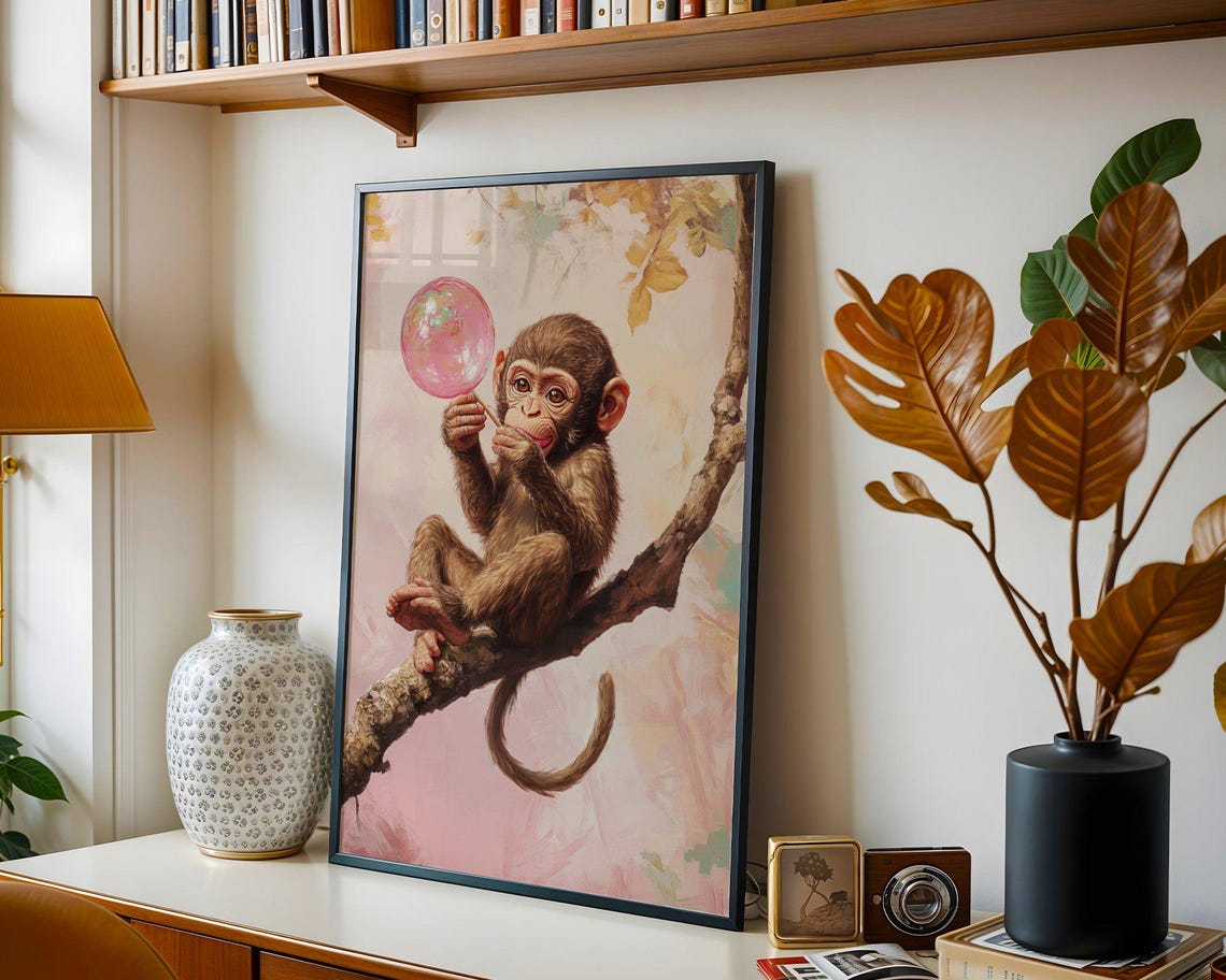 Baby Monkey on Branch Blowing Pink Bubblegum Bubble Art Poster - Image 2