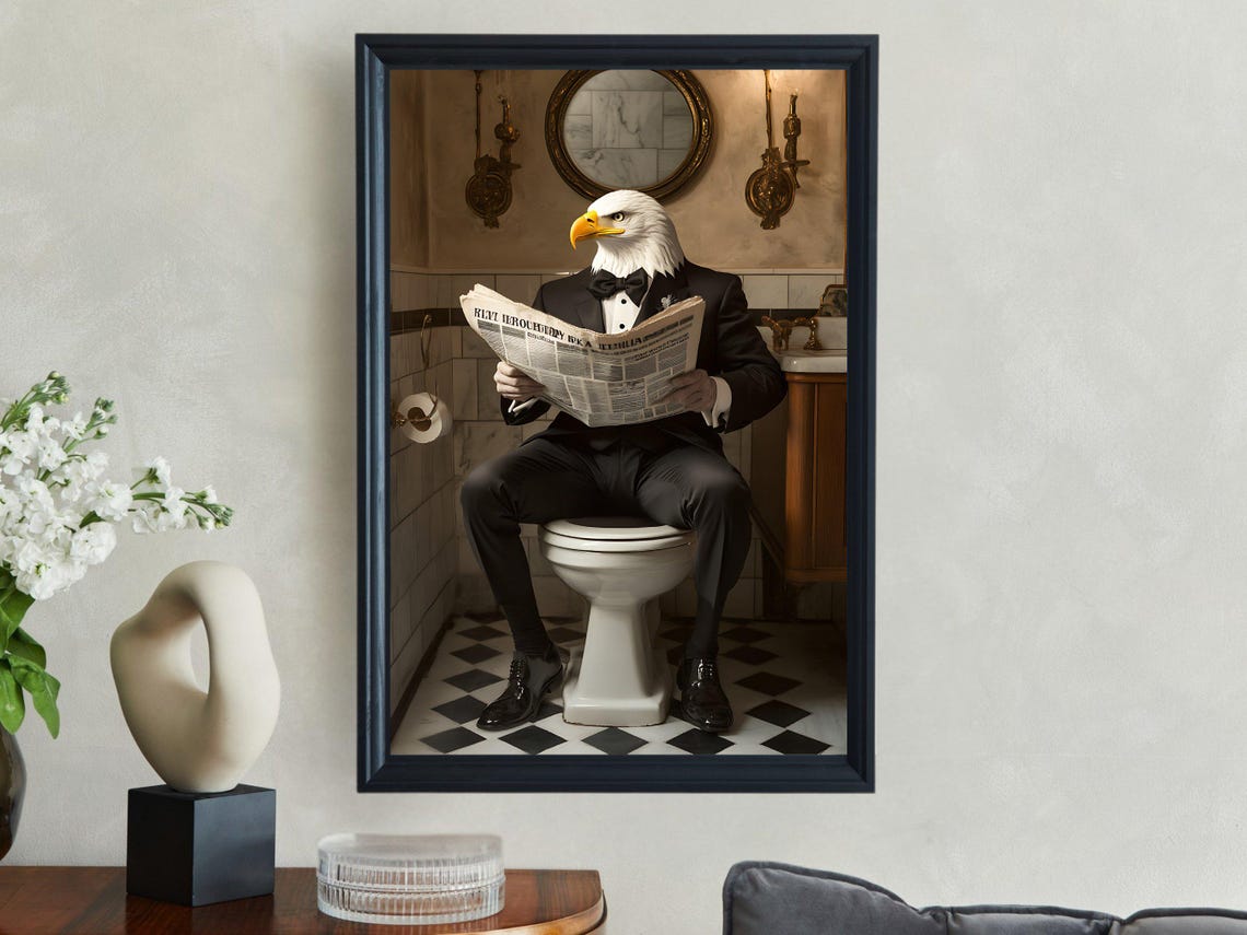 Bald Eagle In Tuxedo Reading Newspaper Funny Bathroom Animal Poster - Image 2