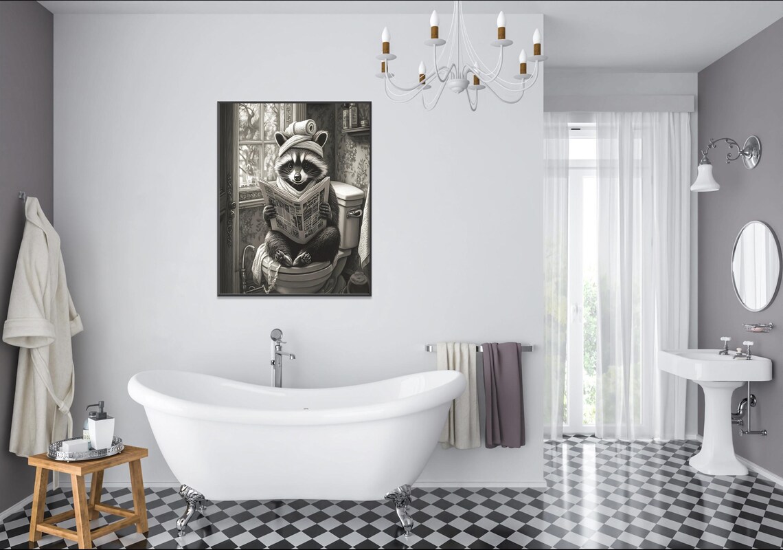 Raccoon with Towel Turban Reading the Newspaper on the Toilet Poster - Image 2