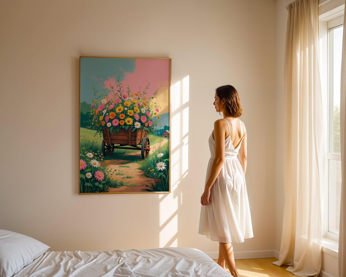 Wooden Flower Wagon Full Of Daisies On A Country Path At Sunset Poster - Image 4
