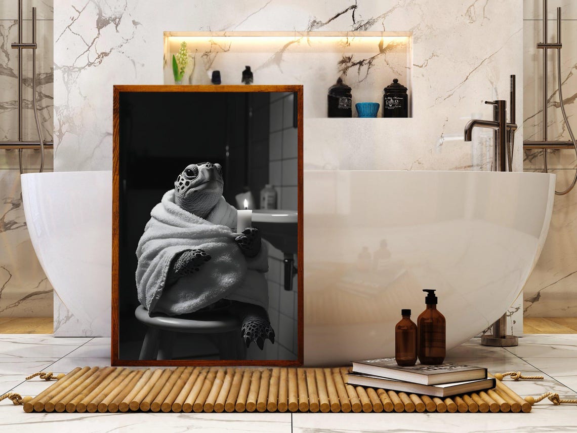 Black and White Turtle Wrapped in a Towel Holding a Candle Poster - Image 5