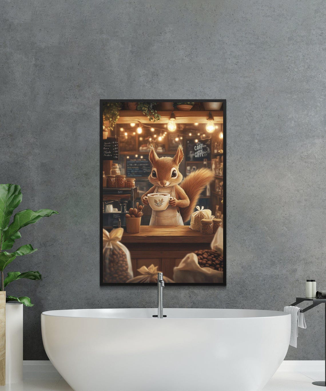 Squirrel Barista Holding a Hot Latte Behind a Coffee Bar Poster - Image 2