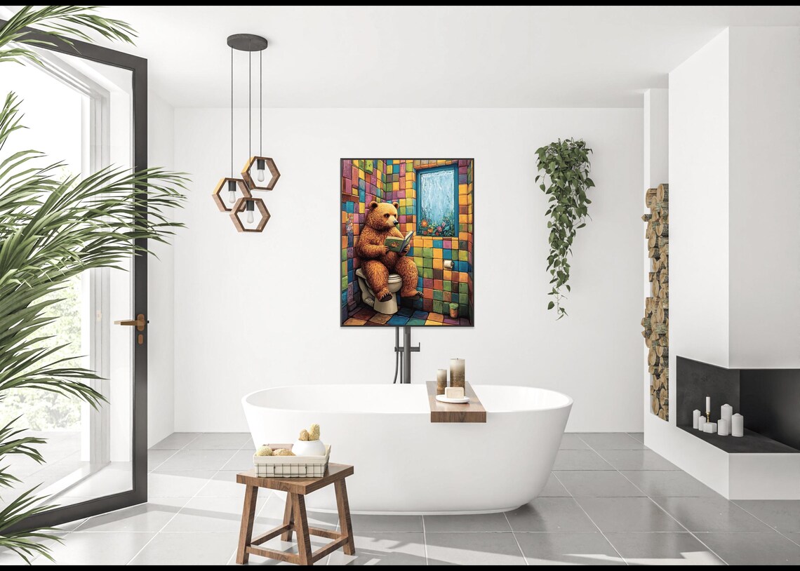 Brown Bear Reading Book Sitting On Toilet Colorful Bathroom Poster - Image 3
