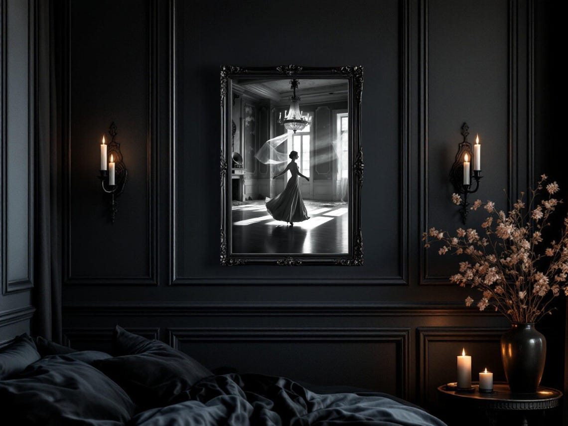 Ballerina Dancing Alone in Grand Ballroom, Black and White Poster - Image 3