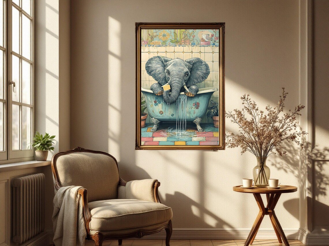Quirky Elephant Relaxing in a Vintage Floral Clawfoot Bathtub Poster - Image 4