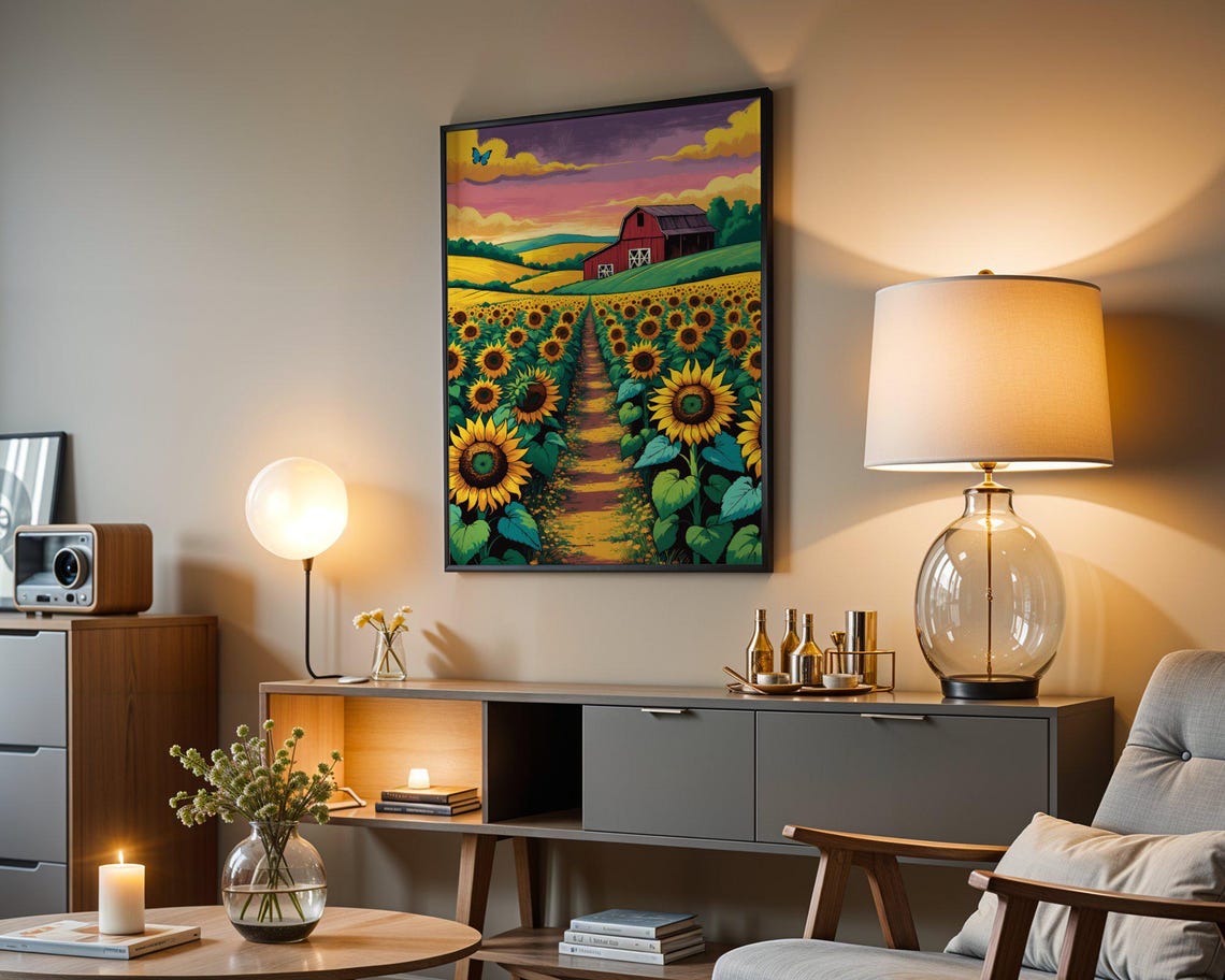 Sunflower Field Path Red Barn Golden Hour Farm Sunset Art Print - Image 3
