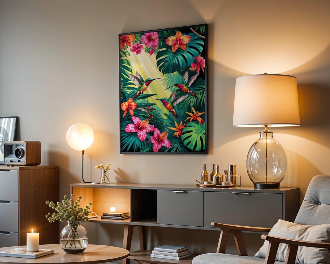 Tropical Hummingbirds And Hibiscus Blooms Among Sunlit Leaves Poster - Image 3