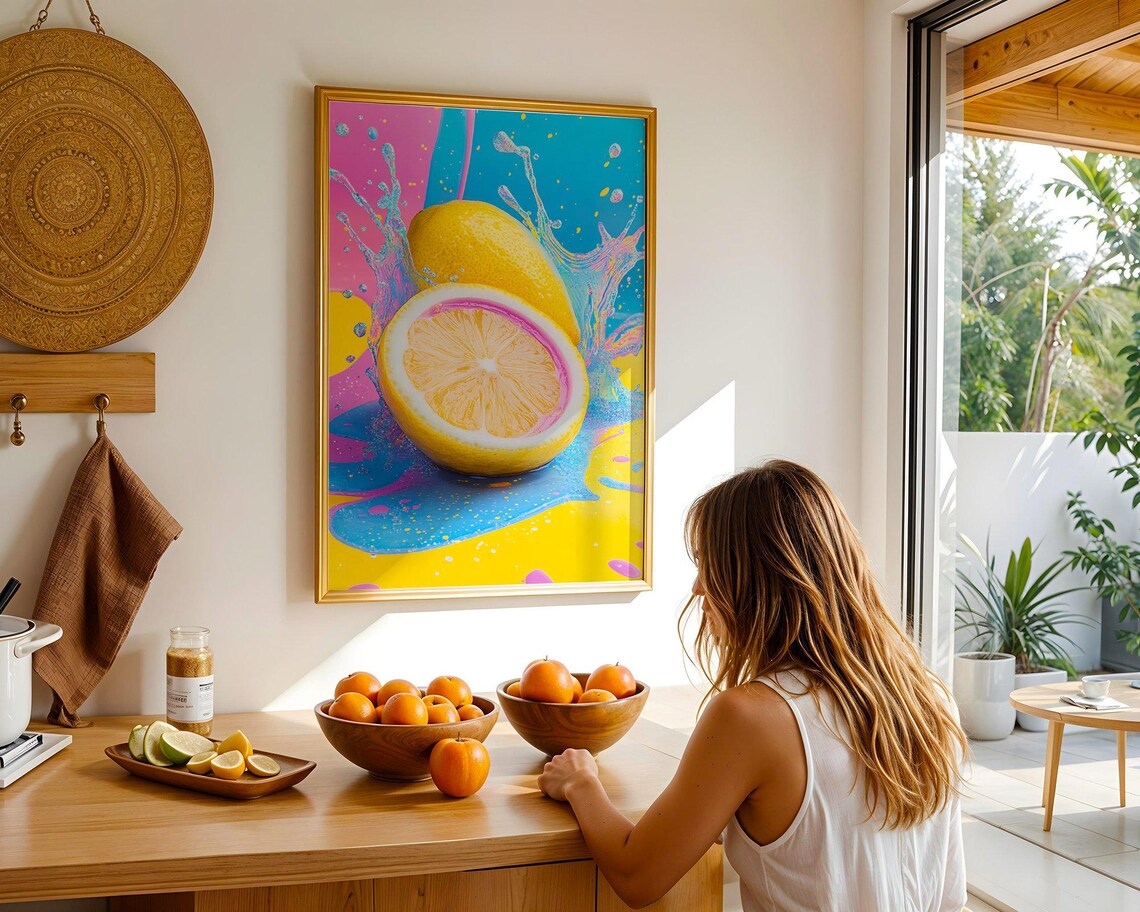 Lemon Splash Art Print Colorful Lemon Wall Art Vibrant Kitchen Decor Modern Fruit Artwork Citrus Home Decor Water Splash Poster