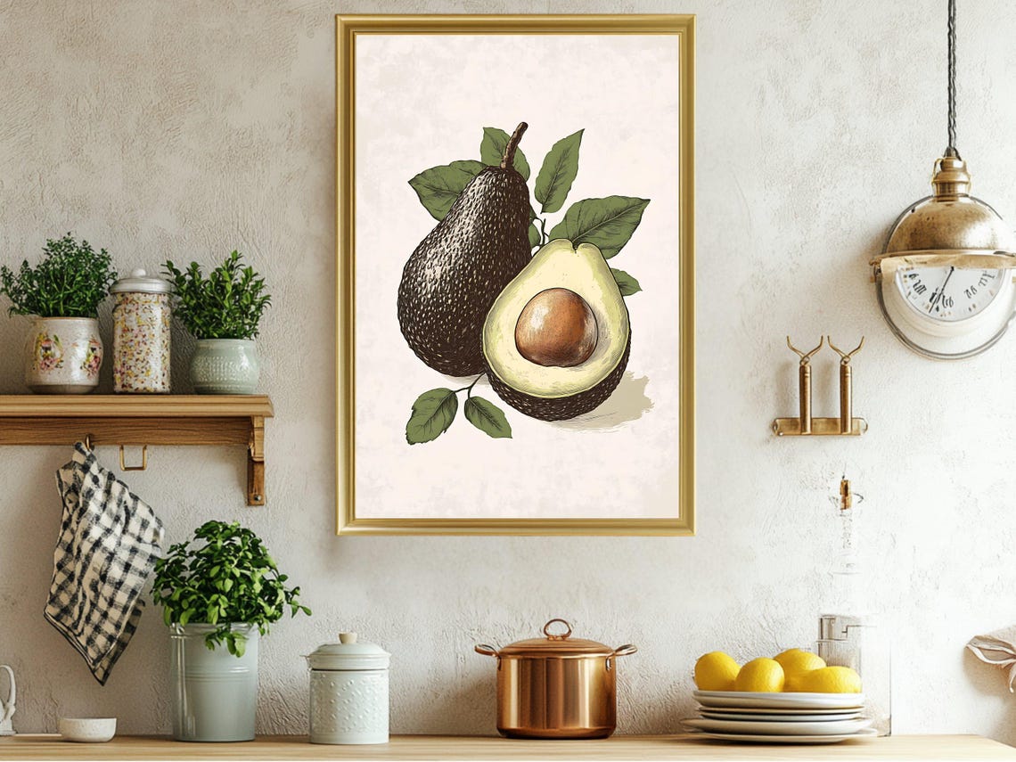 Vintage Avocado Botanical Illustration Rustic Kitchen Poster