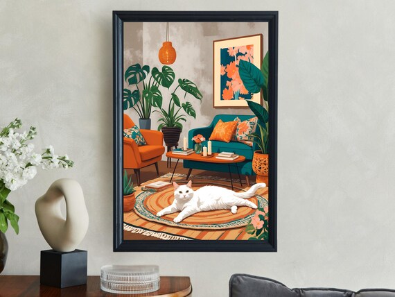 White Cat Lounging In A Cozy Boho Living Room With Monstera Plants Poster