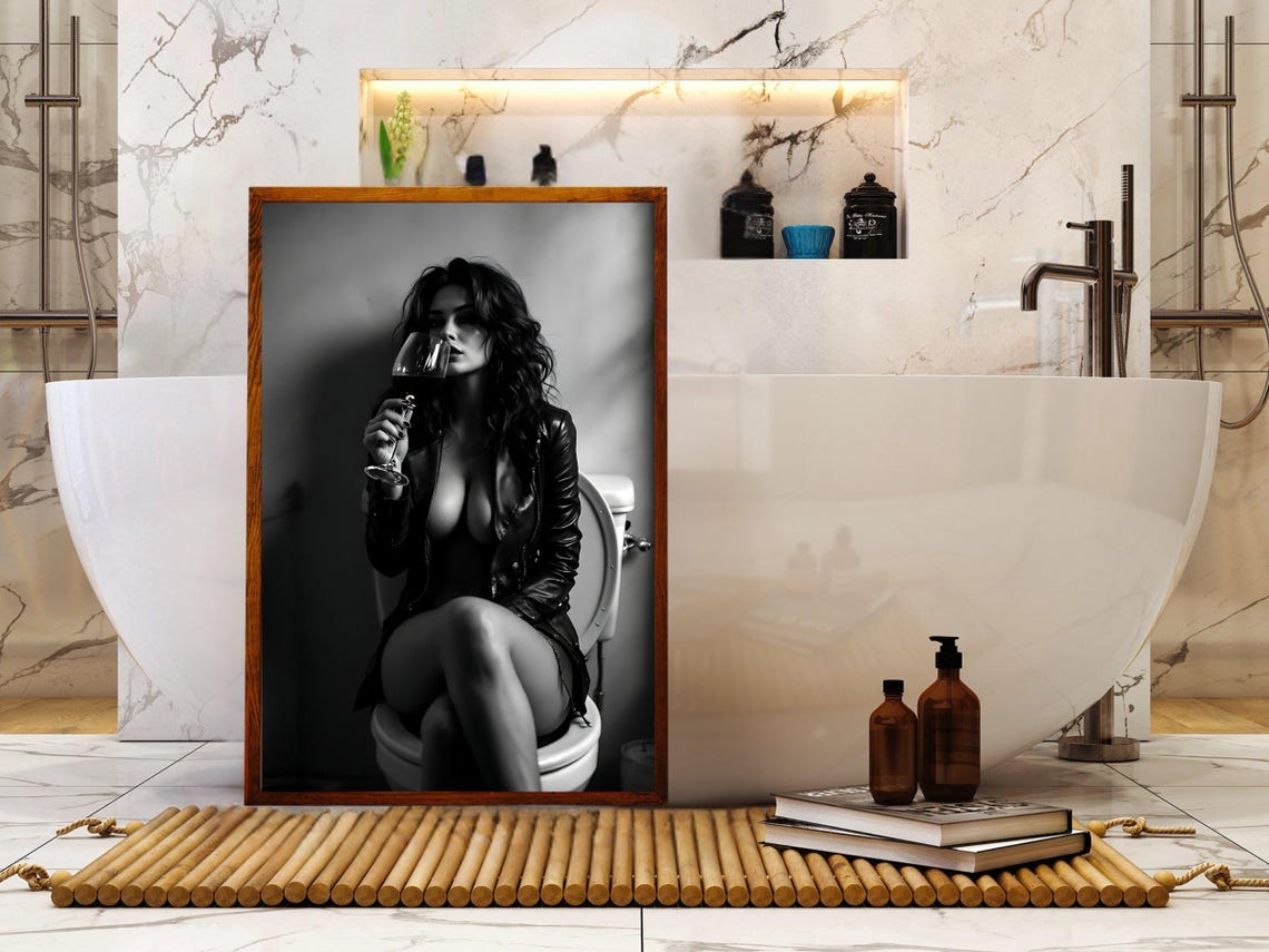 Confident Woman In Leather Jacket Drinking Wine Glamour Poster - Image 4