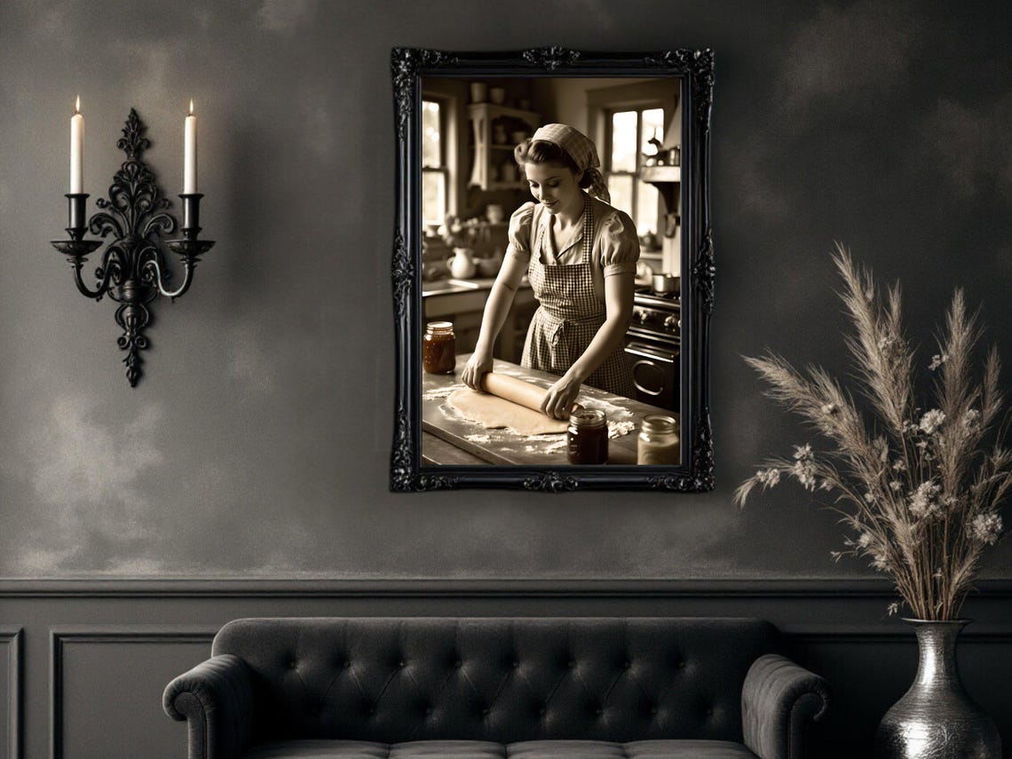 Woman Rolling Dough in Checkered Apron, Rustic Sepia Kitchen Poster - Image 4