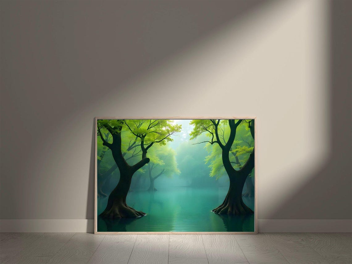 Misty Emerald Forest with Trees Standing in Still Green Water Poster - Image 5