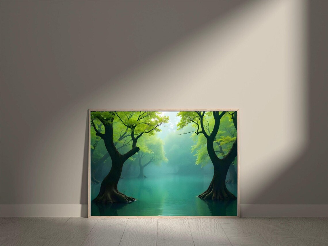 Mystical Forest Lake Wall Art Green Trees Nature Print Tranquil Water Landscape Serene Forest Decor Picture Calm Wall Decoration - Image 5