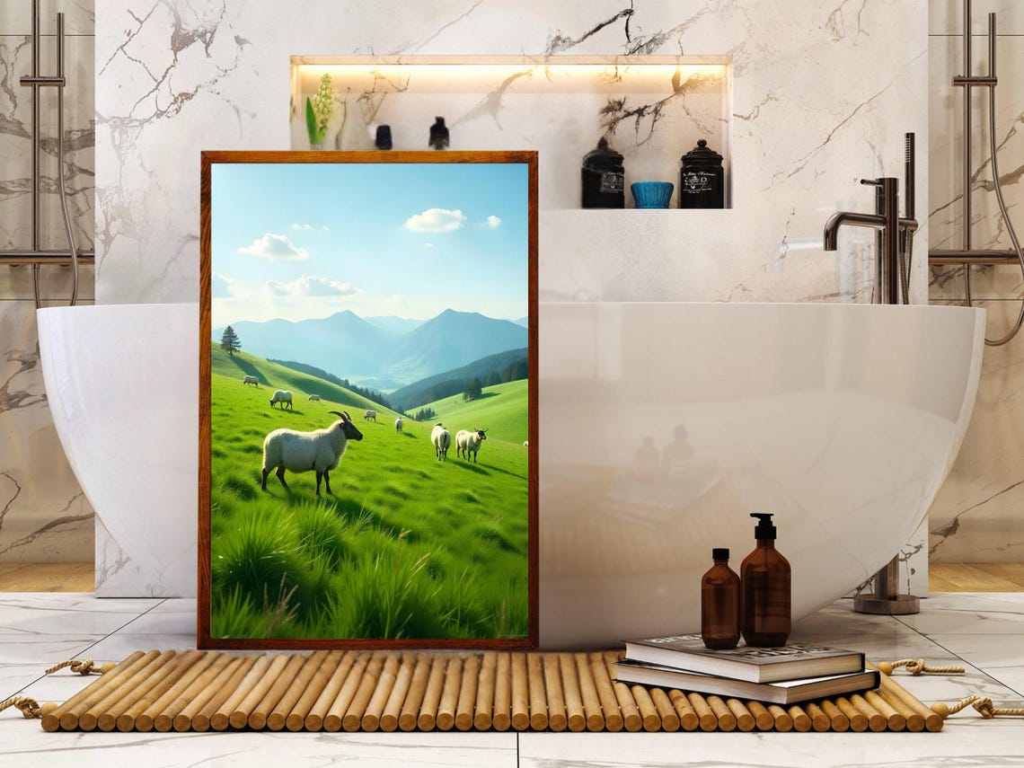 Sheep Grazing on a Lush Green Hillside with Mountain Peaks Poster - Image 4