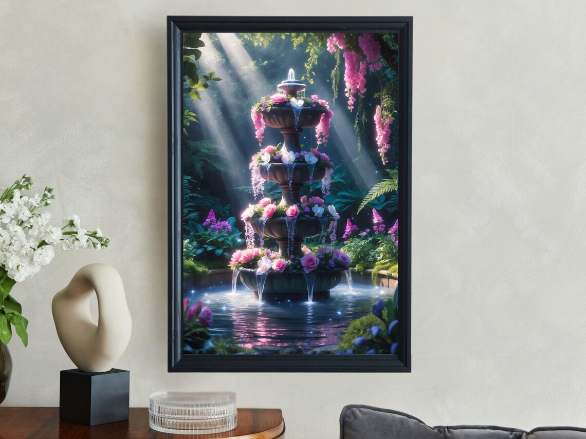 Tiered Garden Fountain With Pink Roses In Sunlit Bloom Poster