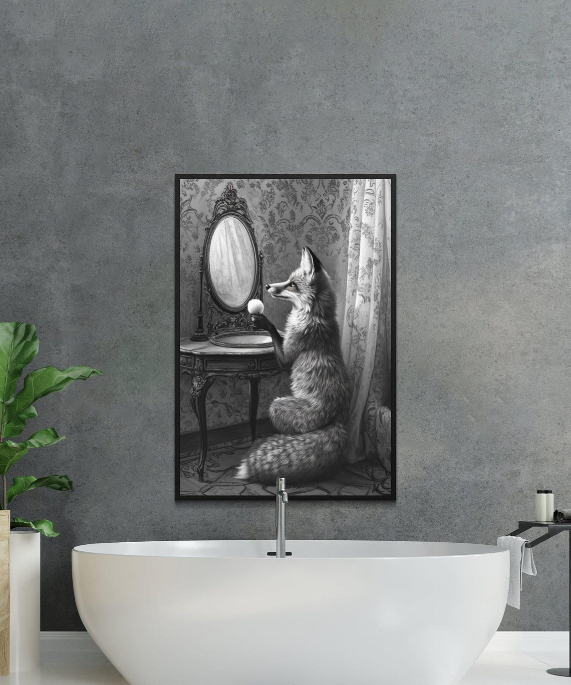 Vintage Black and White Fox Admiring Itself in a Mirror Poster - Image 2