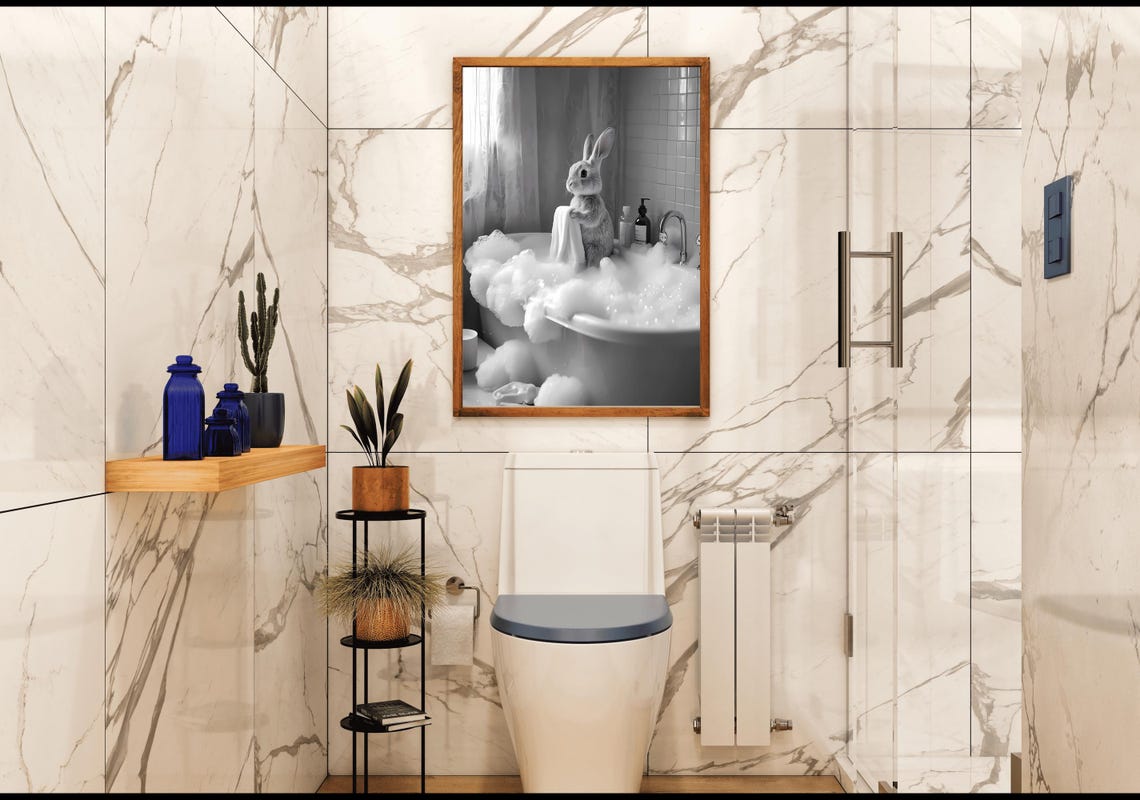 Bunny Sitting in a Bubble Bath Black and White Bathroom Decor Poster - Image 4