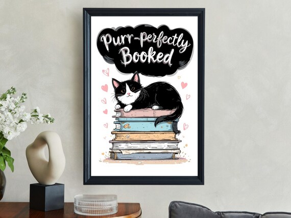 Purr-fectly Booked Cat Reading Books Stack Funny Book Lover Gift Poster