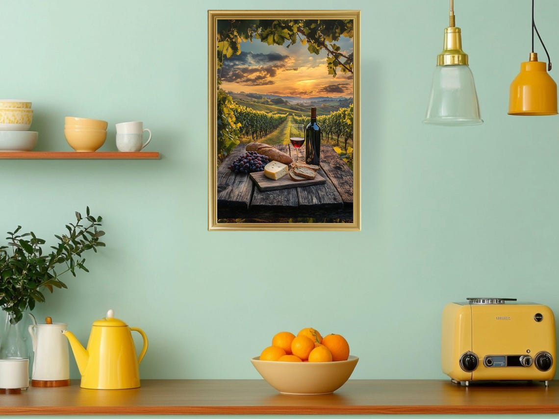 Vineyard Sunset Wall Art Wine And Cheese Landscape Print Rustic Countryside Decor Grape Vineyard Photography Dining Room Wall Decor - Image 3