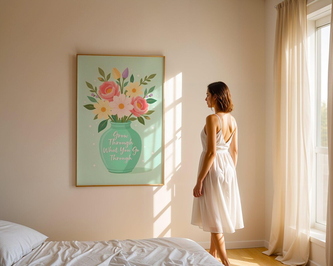 Grow Through What You Go Through Floral Vase Mint Quote Poster - Image 4