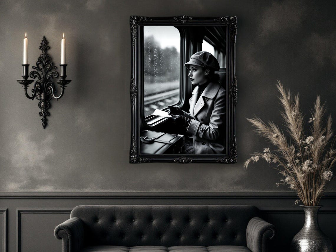 Woman in Hat on Rainy Train with Letter, Vintage Noir Poster - Image 4