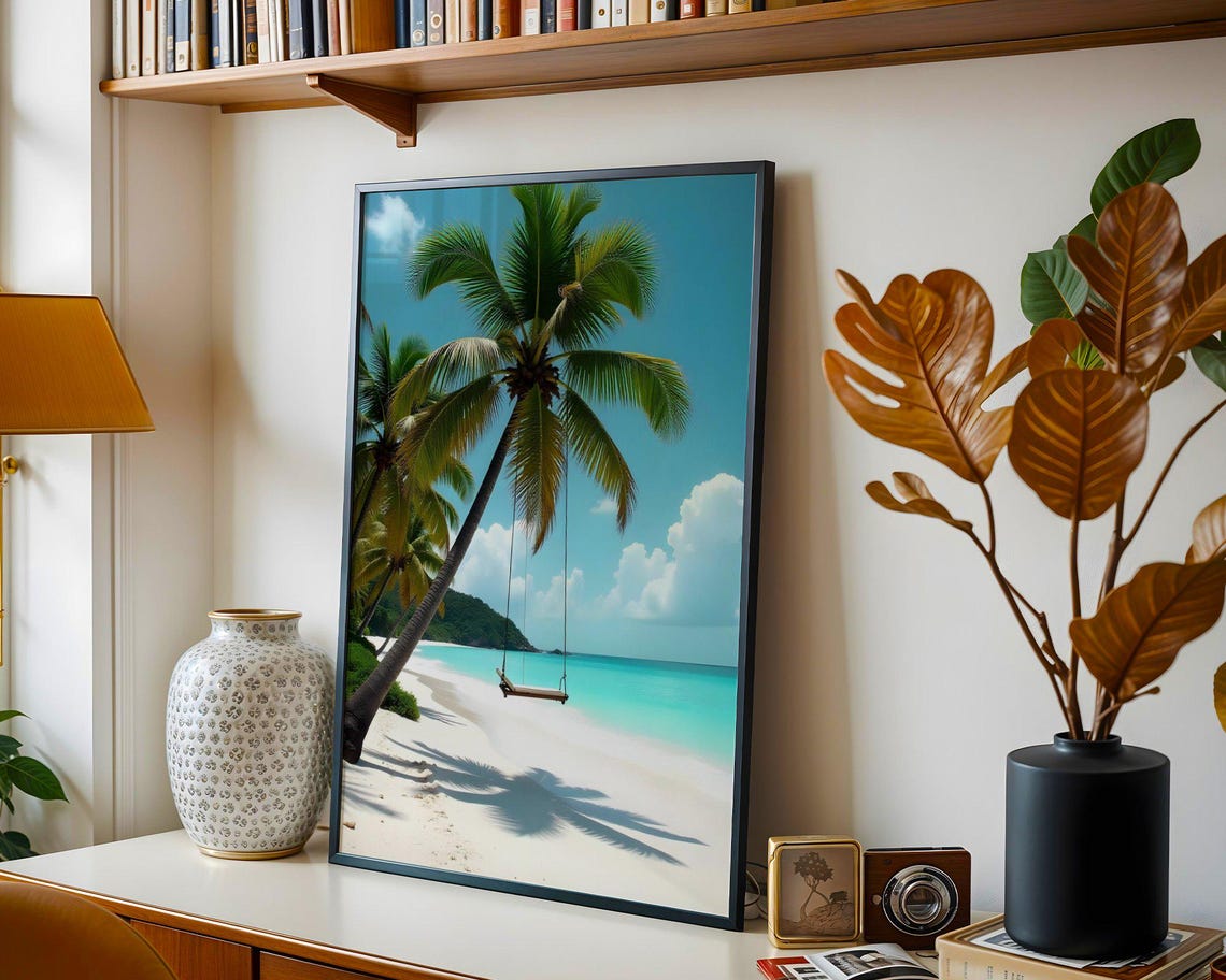 Beach Swing Hanging from Leaning Palm Tree Tropical Paradise Poster - Image 3