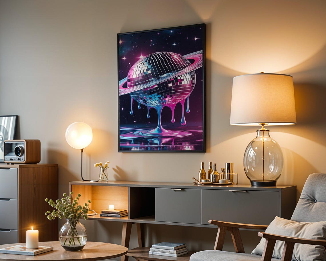 Melting Disco Ball Planet With Saturn Ring Neon Space Art Poster - Image 4