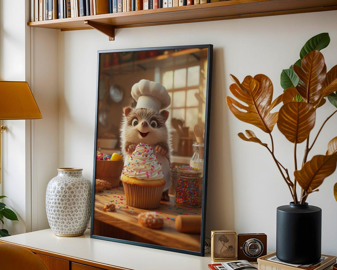 Hedgehog Chef Decorating a Giant Sprinkle Cupcake Kitchen Poster - Image 4
