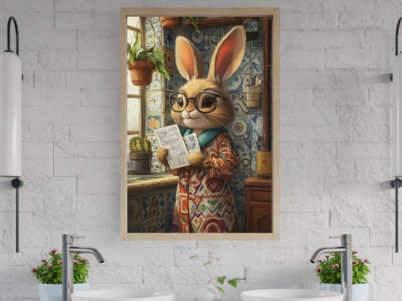 Adorable Rabbit Architect Wall Art Cute Animal Decor Bunny With Glasses Illustration Print For Home Office Kids Room Gift