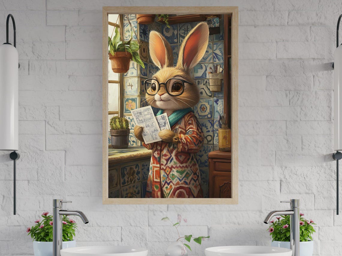 Bunny Architect with Glasses Reading a Blueprint in a Robe Poster