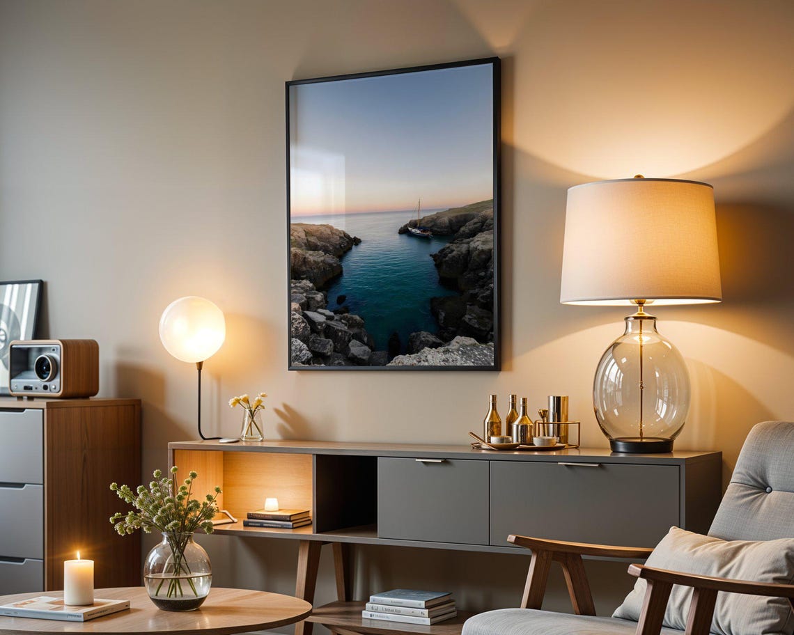 Lone Sailboat Anchored in a Rocky Coastal Cove at Dusk Poster - Image 5