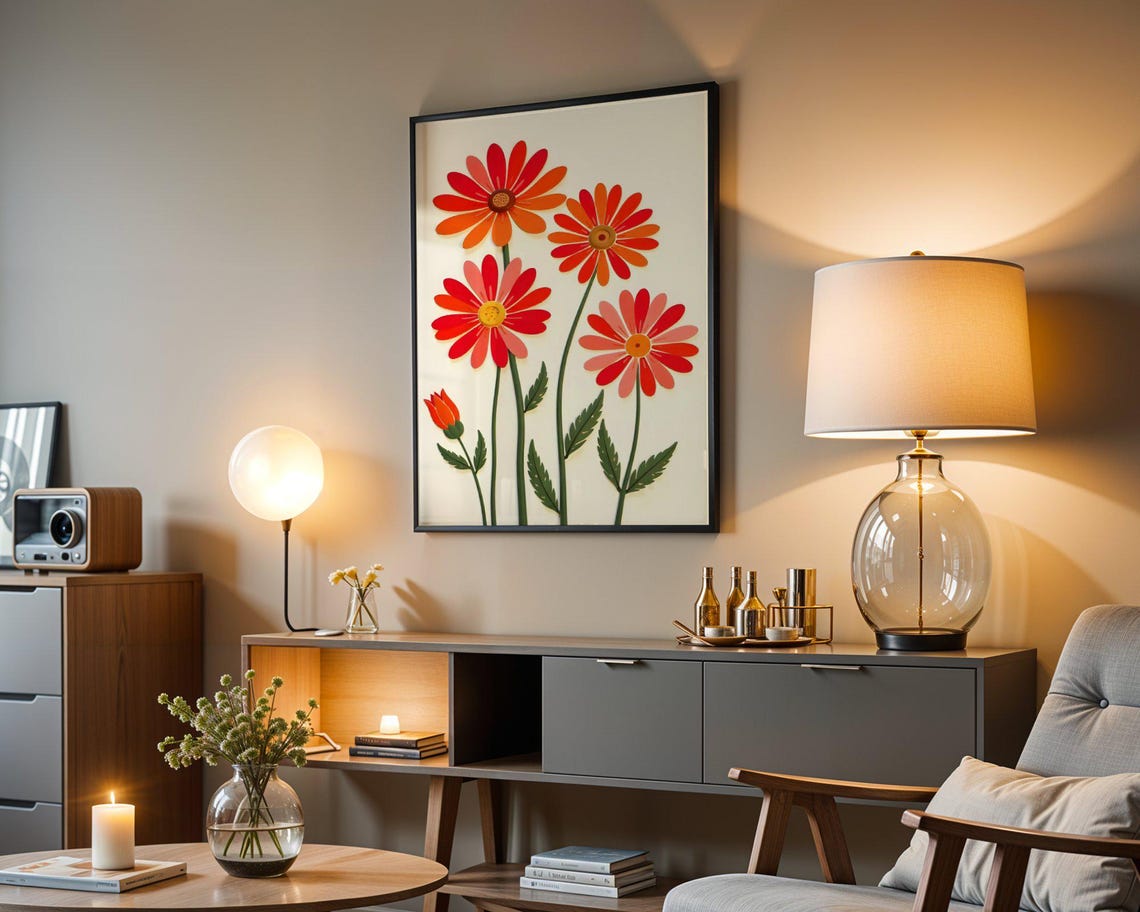 Orange Red Daisy Flowers Cream Background Botanical Art Print - Image 3