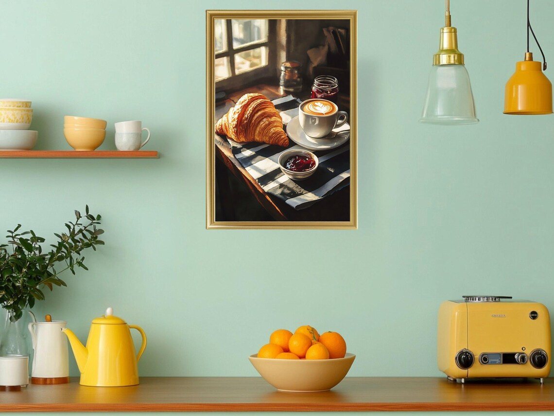 Croissant and Latte Art Cozy French Cafe Morning Scene Poster - Image 3