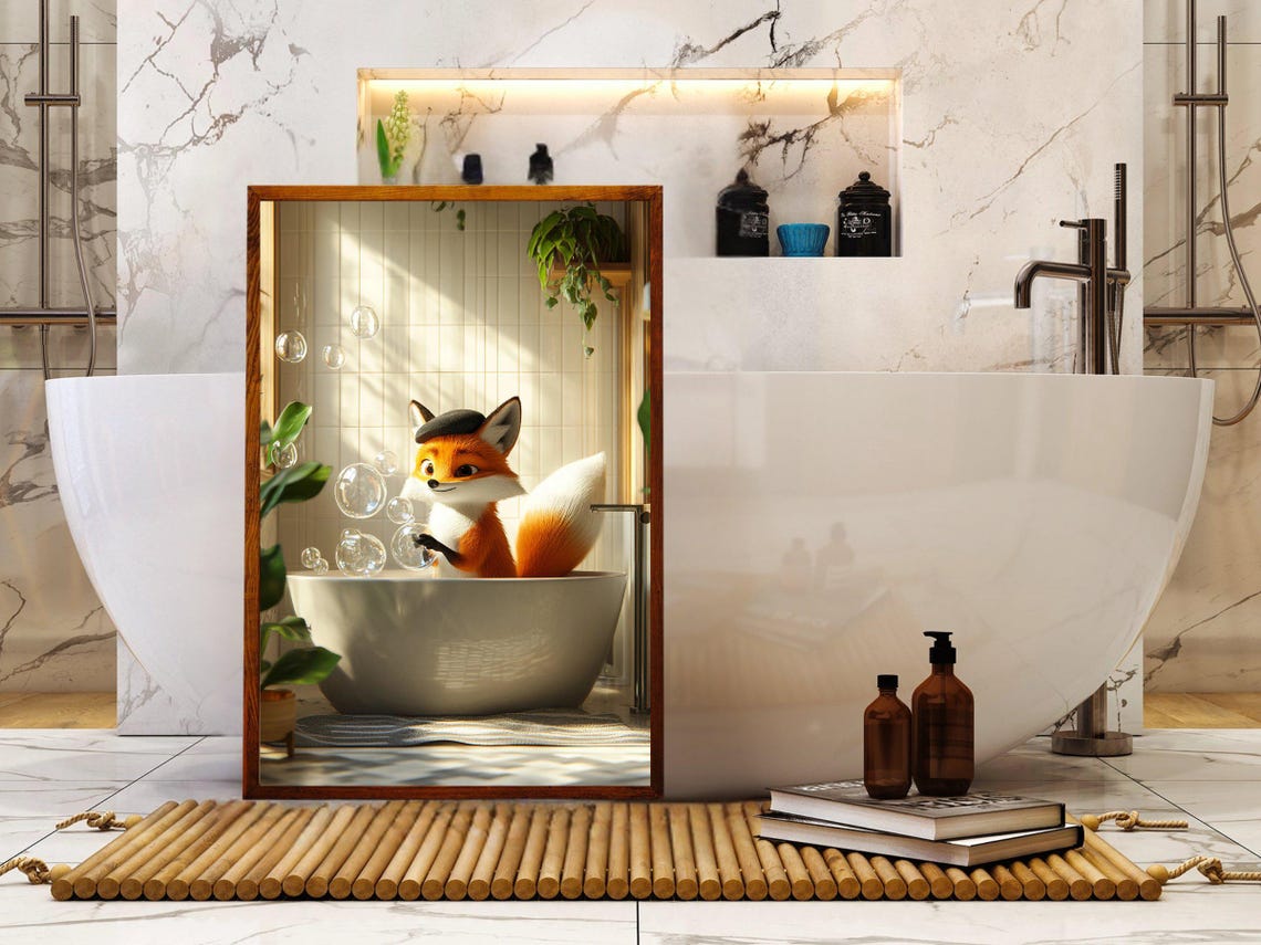 Cute Fox in Bubble Bath in Bright Sunlit Bathroom Art Poster - Image 5