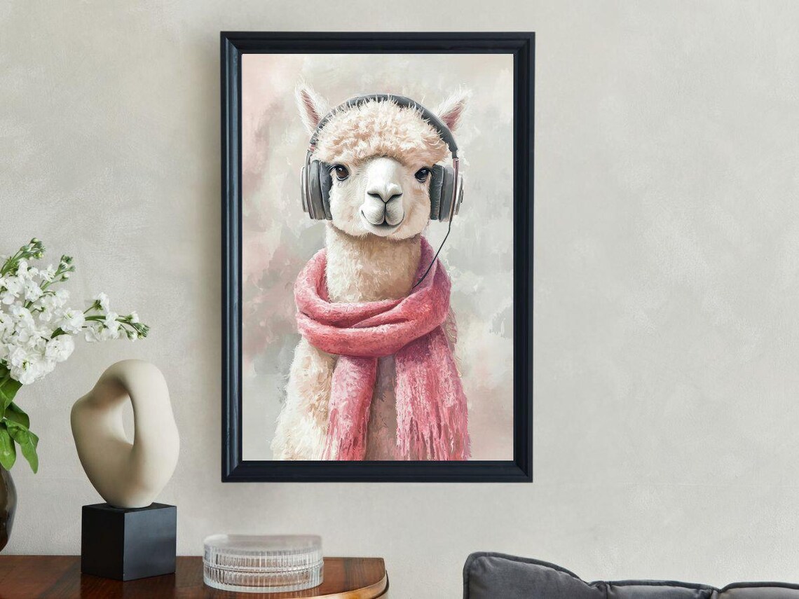 Alpaca Wearing Headphones and a Pink Scarf Watercolor Animal Poster