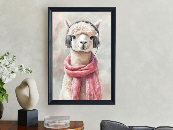 Alpaca Wearing Headphones and a Pink Scarf Watercolor Animal Poster