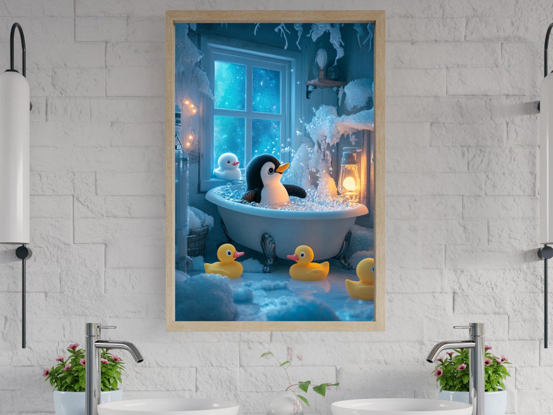 Penguin Bubble Bath with Rubber Ducks in Winter Scene Poster