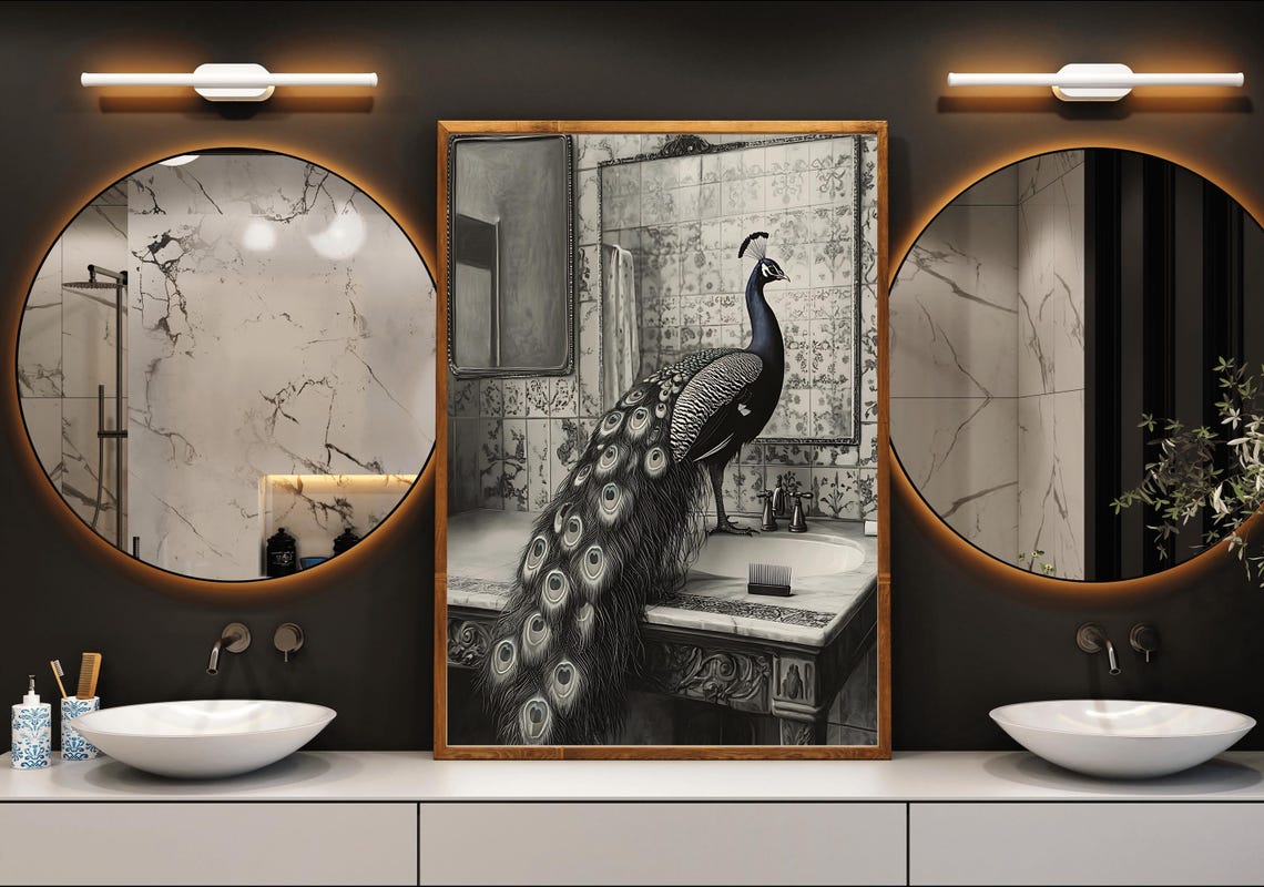 Peacock Perched on an Ornate Bathroom Sink Black and White Poster - Image 3