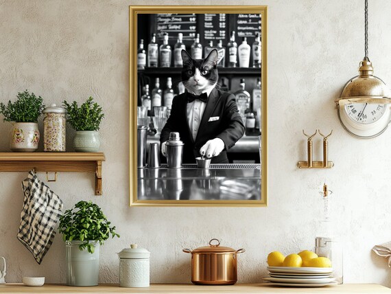 Cat Bartender in a Tuxedo Mixing Drinks Funny Animal Kitchen Poster